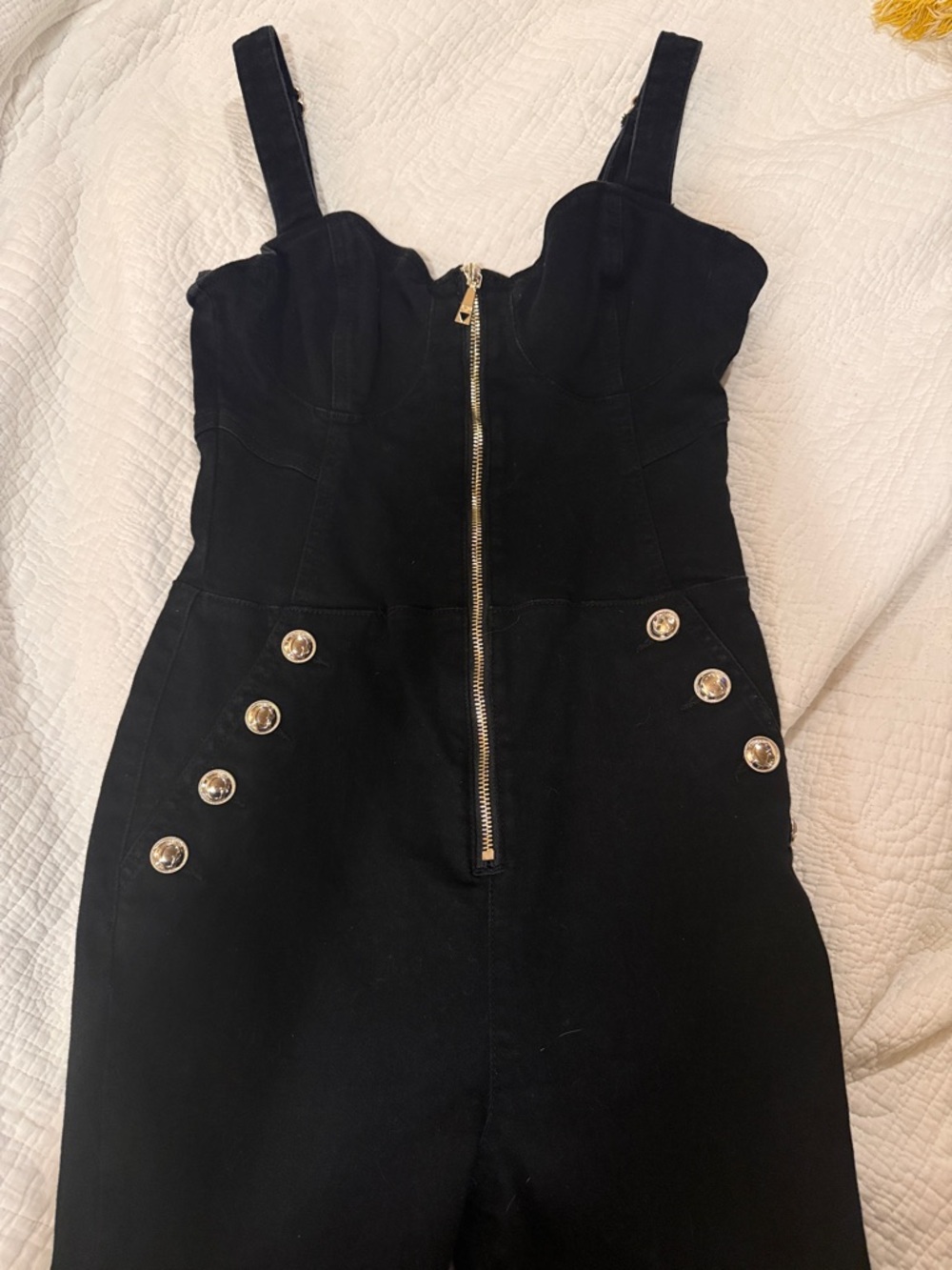 Guess Black Zip-Front Jean Overalls with Gold Hardware